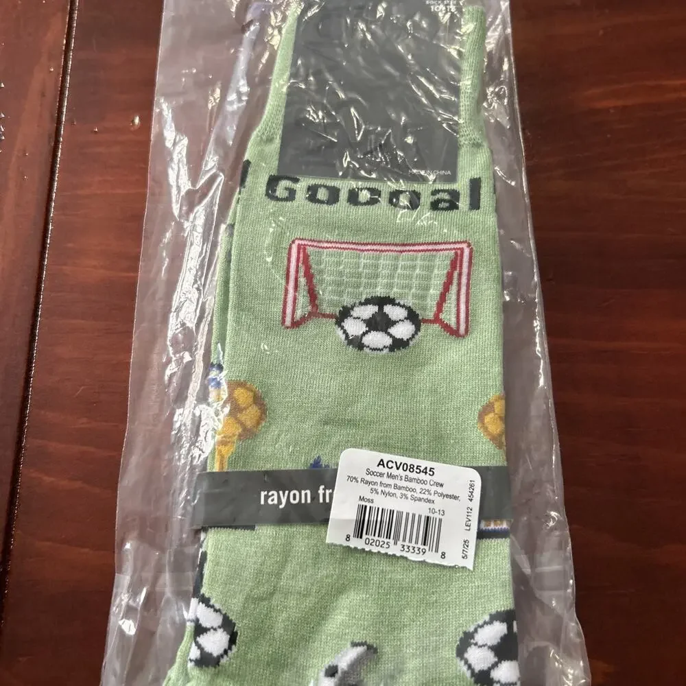 NWT! MeMoi Men’s Soccer Bamboo Crew Socks Size 10-13 Green White W/Soccer Theme